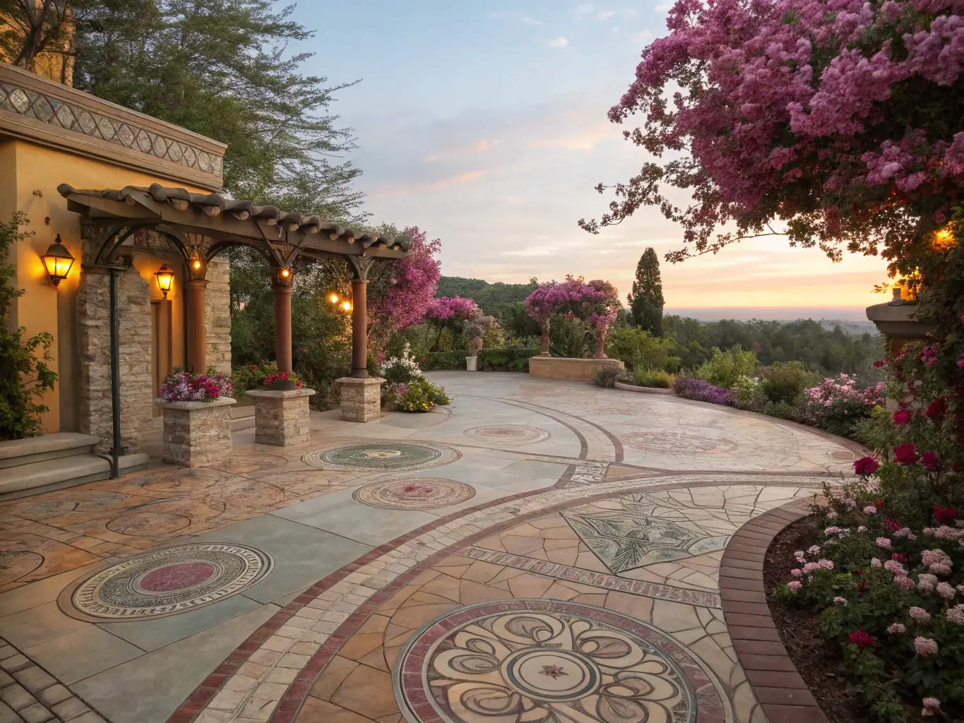 A beautifully designed patio with stone pavers and surrounding landscaping, highlighting Jacobini LLC's hardscaping capabilities.