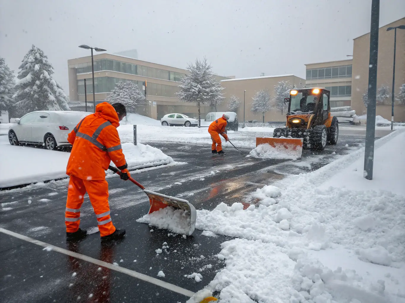 A snow-covered commercial parking lot being efficiently cleared by Jacobini LLC's snow removal team and equipment.