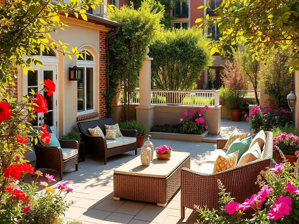 A beautifully designed patio with comfortable seating and attractive landscaping, creating an inviting outdoor living space.