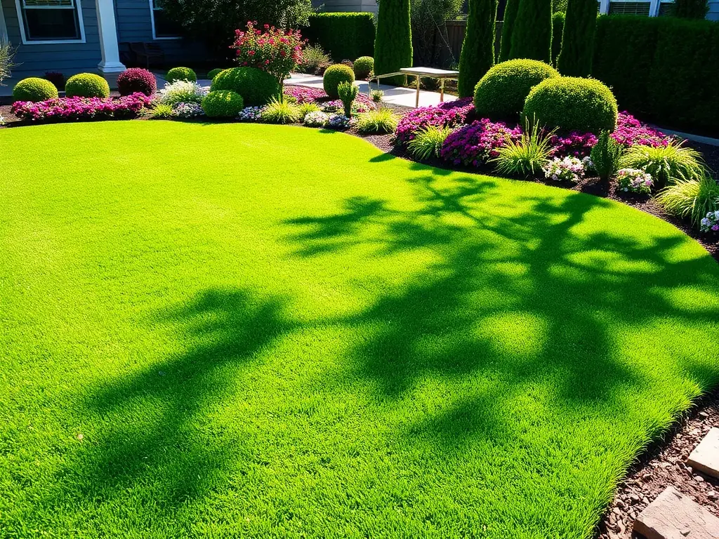 A well-manicured residential lawn with vibrant green grass and neatly trimmed hedges, showcasing Jacobini Lawn and Landscape Management LLC's residential lawn care services.