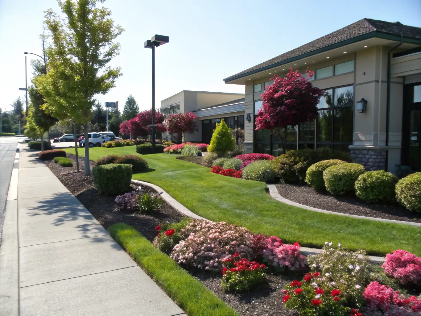 A commercial property with a freshly swept parking lot and well-maintained landscaping, illustrating Jacobini Lawn and Landscape Management LLC's commercial property maintenance capabilities.