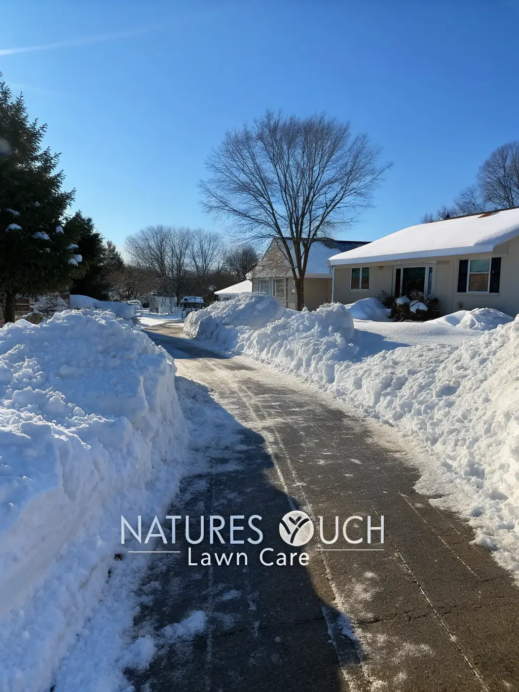 A commercial property with efficient snow removal services in action, showcasing clear pathways and parking areas. The image should emphasize Jacobini Lawn and Landscape Management LLC's ability to handle snow and ice management for commercial clients.