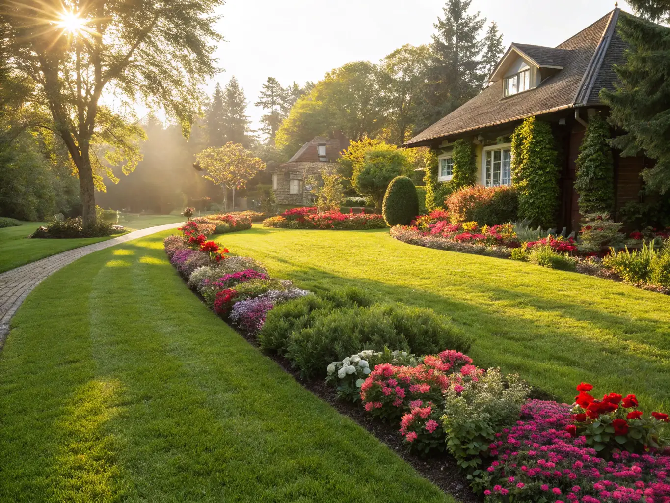 A lush green lawn in a well-maintained residential yard, showcasing healthy grass and vibrant landscaping.