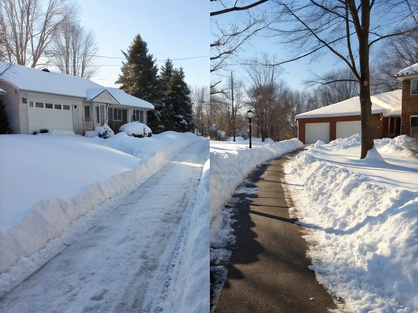 A snow-covered driveway cleared of snow, with a clear path leading to the front door of a residential home.