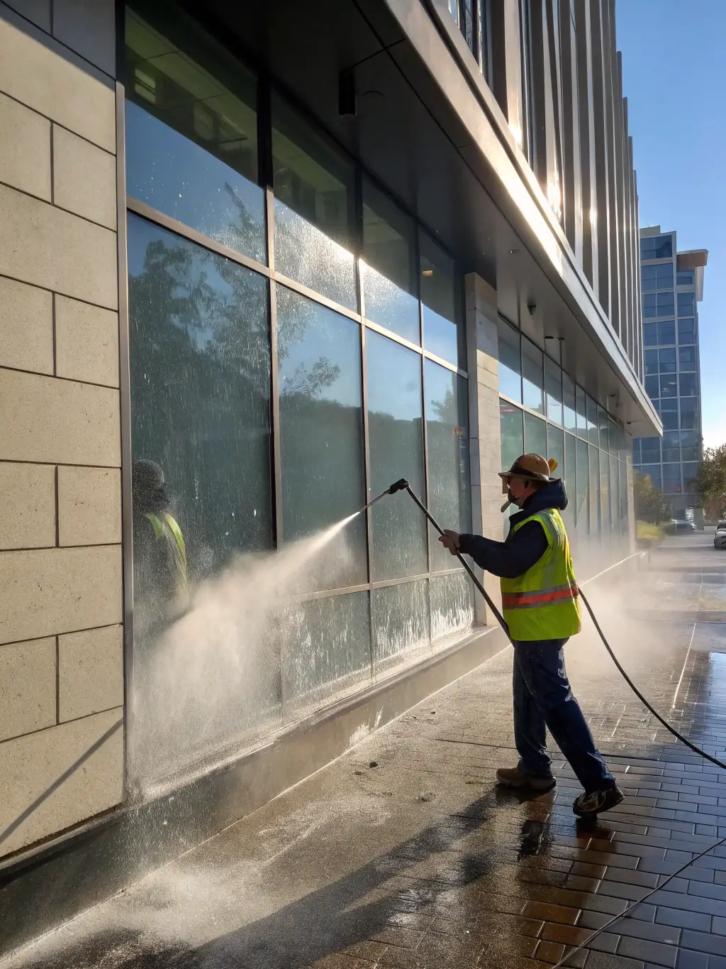 A worker power washing a building facade, removing dirt and grime, showcasing Jacobini Lawn and Landscape Management LLC's power washing service.