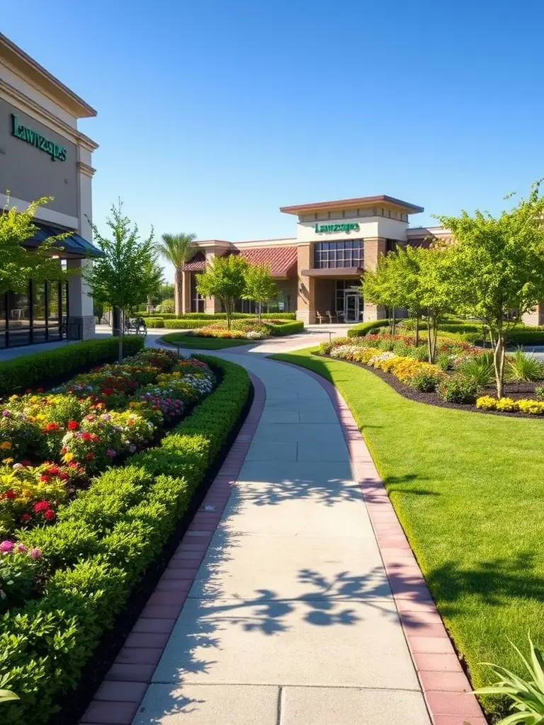 A commercial property with a newly installed hardscape feature, such as a patio or walkway, enhancing the outdoor space. The image should demonstrate Jacobini Lawn and Landscape Management LLC's expertise in hardscaping for commercial properties.