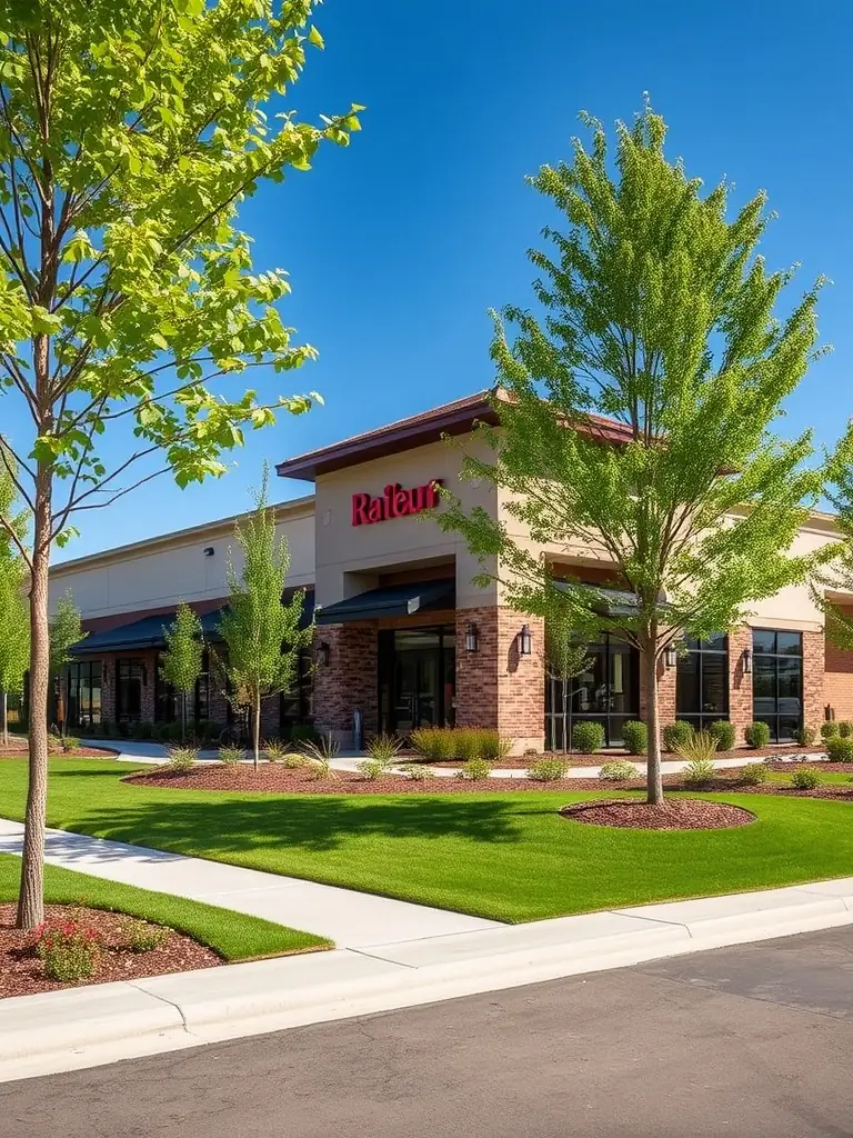 A strip mall with neatly trimmed lawns, well-maintained sidewalks, and attractive landscaping. The image should highlight the overall curb appeal of the property, showcasing Jacobini Lawn and Landscape Management LLC's ability to enhance commercial properties.
