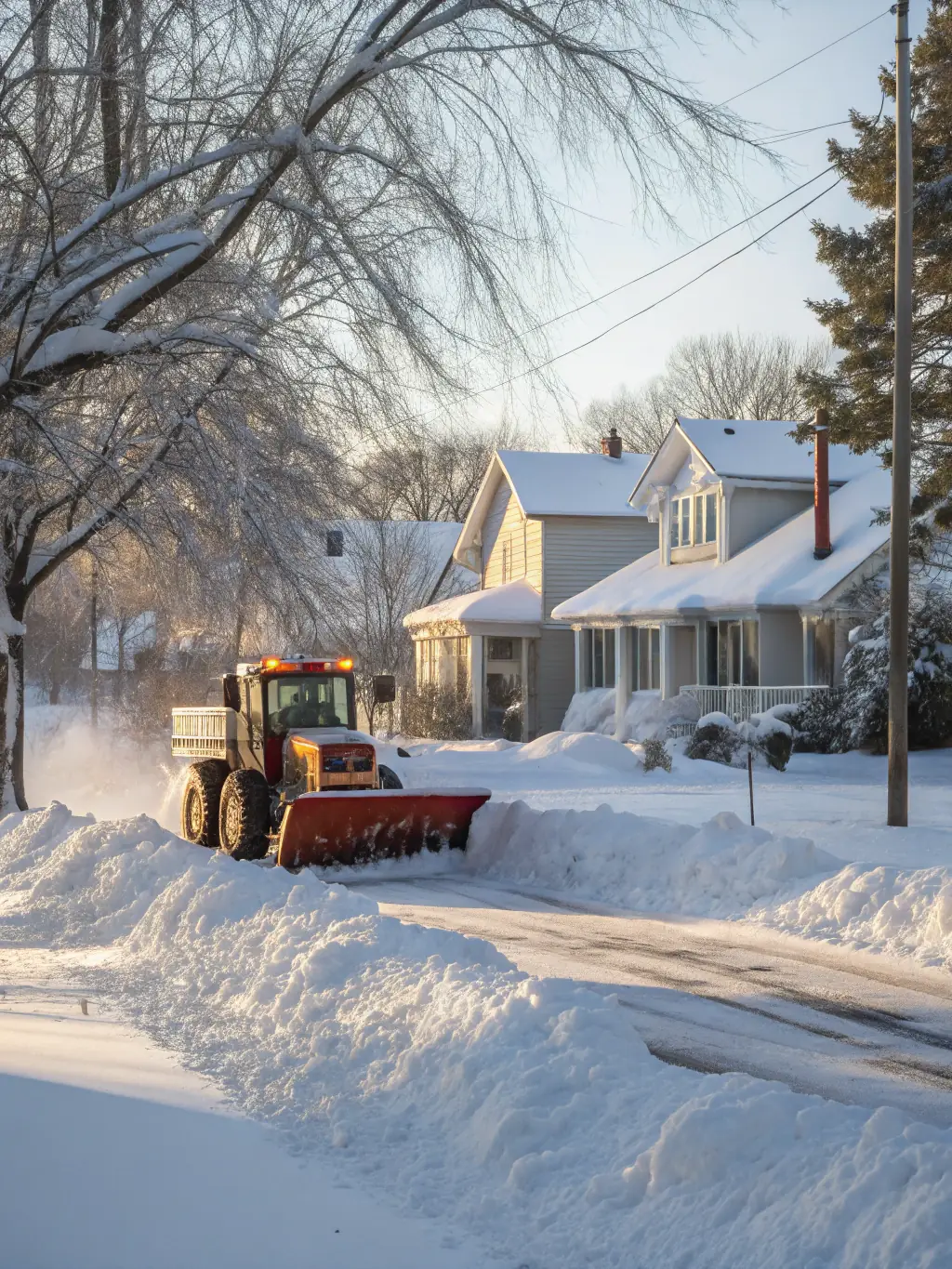 A snowplow clearing a commercial parking lot during a heavy snowfall, demonstrating Jacobini Lawn and Landscape Management LLC's snow and ice management capabilities.